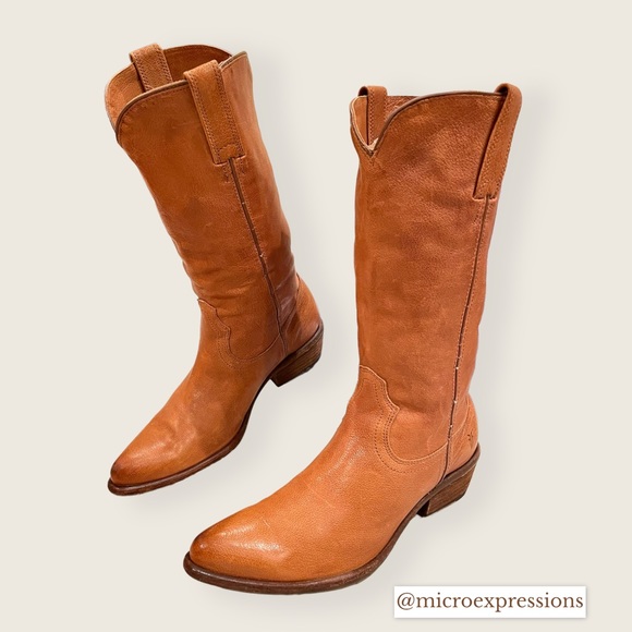 Frye Carson Pull Up Cognac Everyday Cute Genuine Leather Low Heel Cowboy Boot - Picture 7 of 11